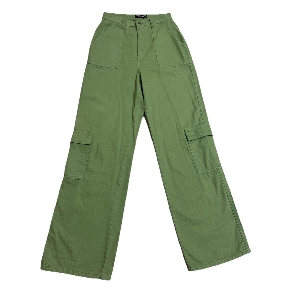 PrettyLittleThing Wide Leg Cargo Pants Green Denim 4 Tall Baggy Y2K Grunge Skate